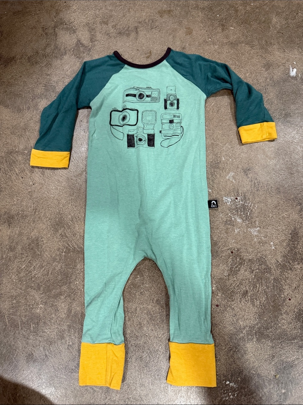 Kids Camera-Print One-Piece Bodysuit in Mint and Teal by